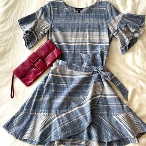Chambray striped mini wrap dress with flutter sleeve. Size S.